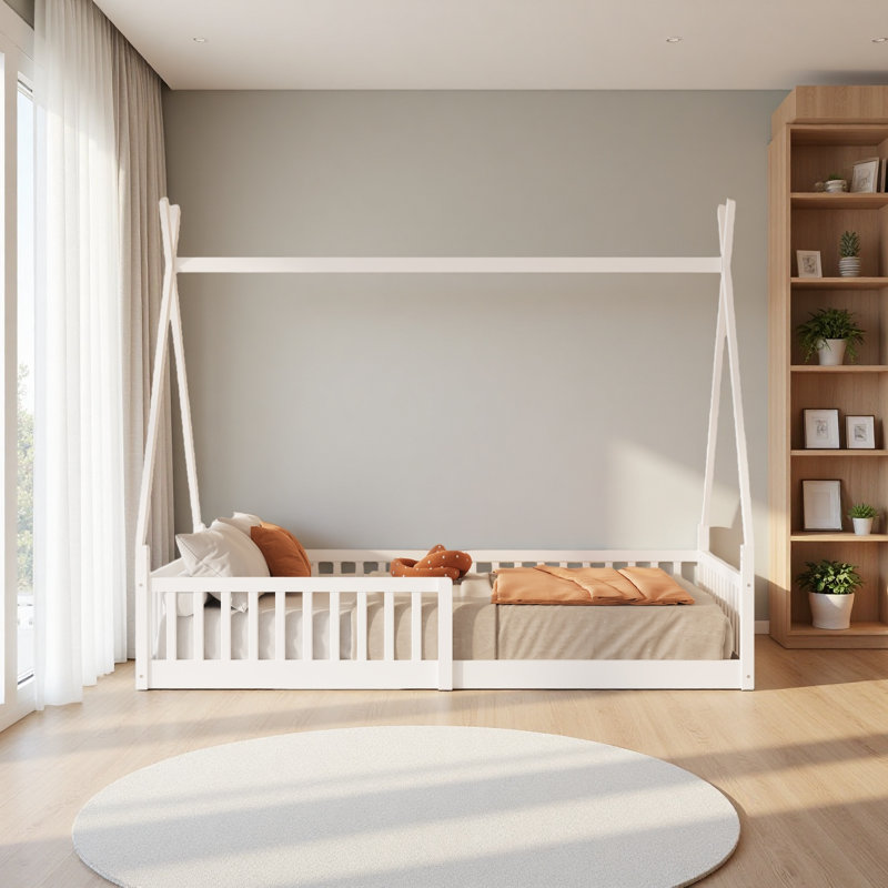 Twin Size Wood House Bed With Fence, White