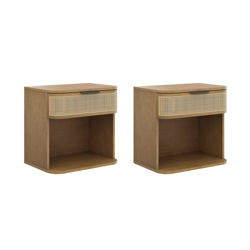 Ensemble de table de chevet moderne en rotin 2 pièces avec 1 tiroir, Ensemble de 2