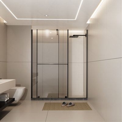 Porte de douche en verre, porte de douche coulissante l 30 à 60 po x H 72 po à double usage, panneau de verre épais de 1/4 po avec poignée en acier inoxydable, barre de soutien, noir