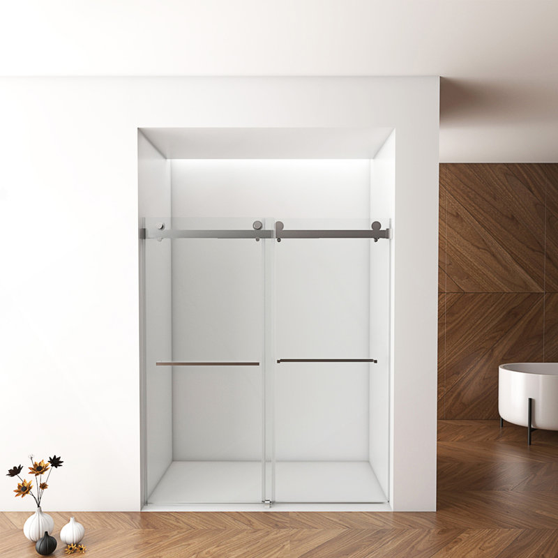 Porte de douche réglable sans cadre de 56 à 60 pouces, verre trempé transparent de 76 H, double coulissement, revêtement facile à nettoyer, conception à tampon