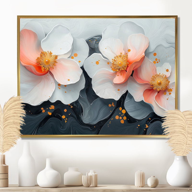 Mou rose, fleurs blanches et pures - Art mural, H 12 po x l 20 po, Cadre flottant, Doré