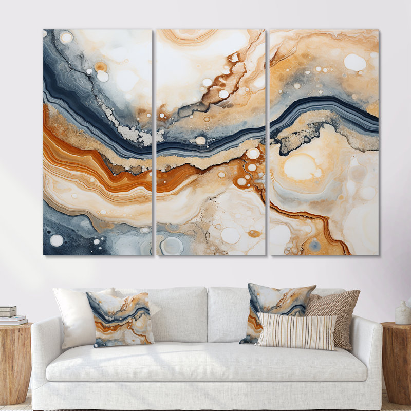 «Blue and Orange Minimalisme Stone Geode», ensemble d'art sur toile Geode Stone, Toile tendue, H 40 po x l 60 po x P 1 po