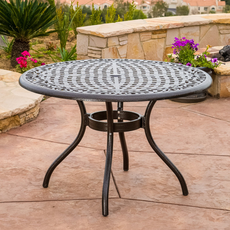 48-Inch Round Outdoor Dining Table Crafted Of Cast Aluminum In Hammered Bronze, With Tabletop, Umbrella Hole, And Curved Legs, For Entertaining 48-In Bronze Finish, Relaxing