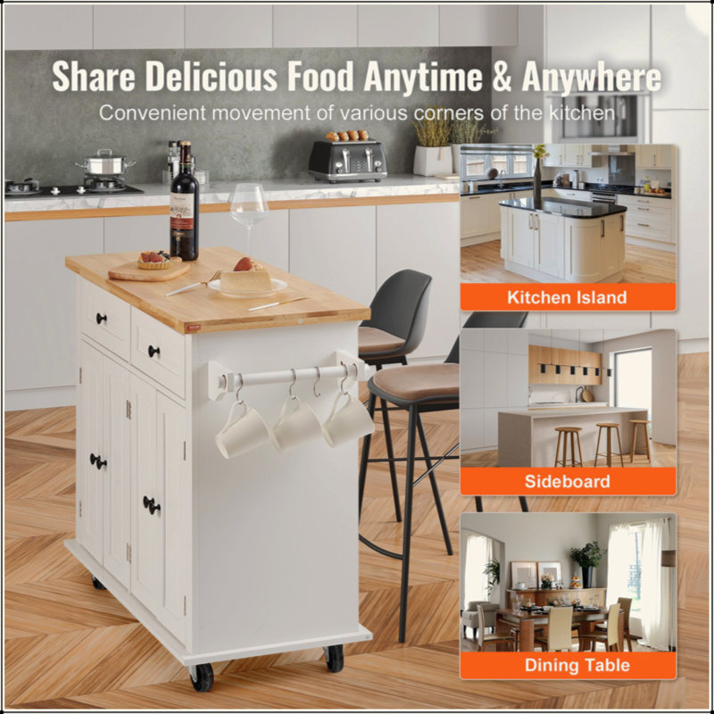 Kitchen Island Cart With Solid Wood Top, 35.4" Width Mobile Carts With Storage Cabinet, Rolling Kitchen Table With Spice Rack, Towel Rack, And Drawer, Portable Islands On Wheels