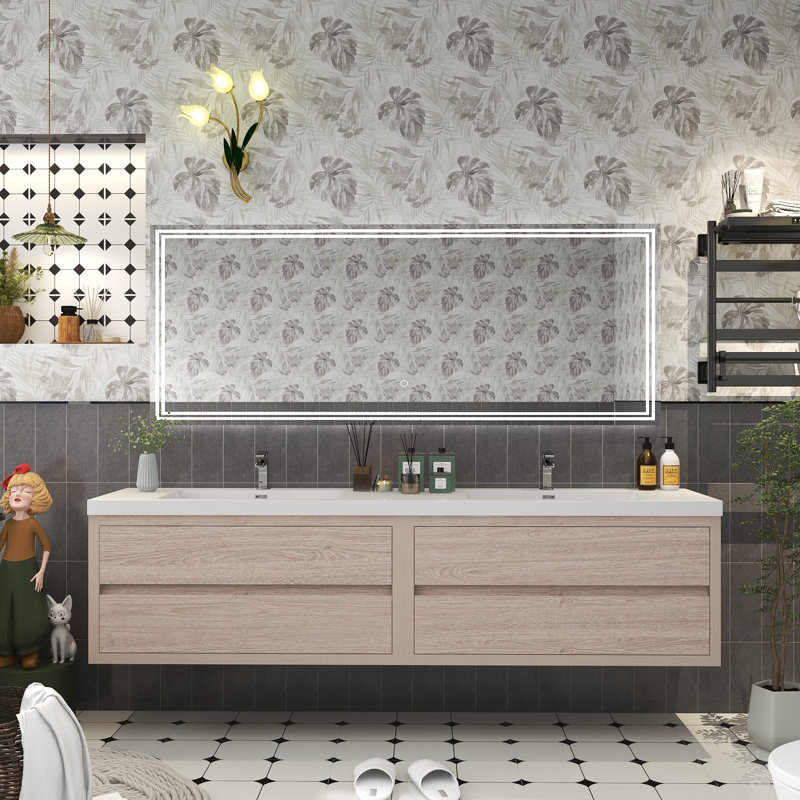 Deshler 83.5 " W Wall Mounted Wall Mounted 2 Double Vanity Bathroom Vanity With Acrylic Top, Pink Wood