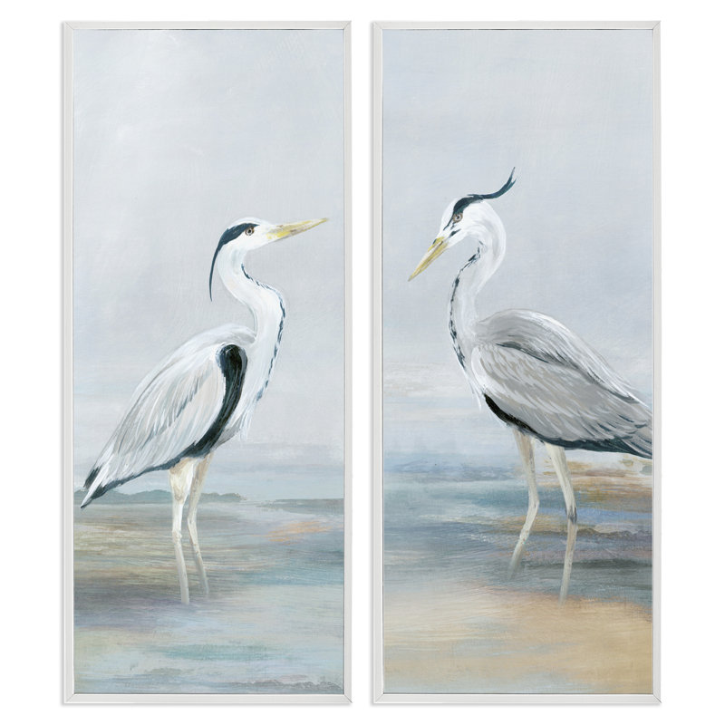 Ensemble de 2 giclées Herons Wading Shallow Sea, par Lily K., H 24 po x l 10 po, Estampe numérique encadrée blanc bord de mer