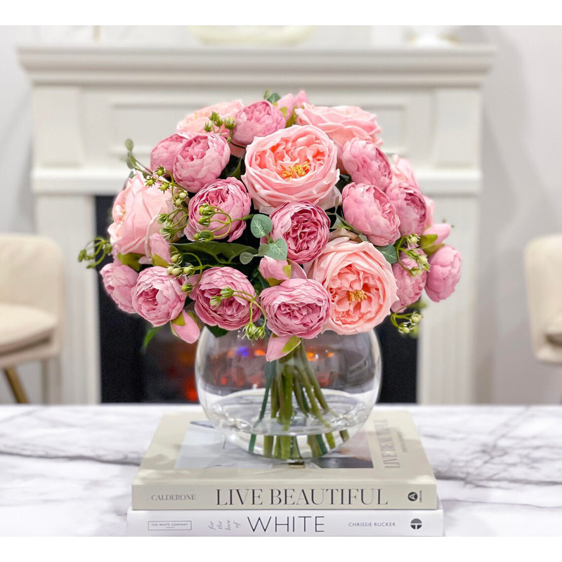 X-Large Sweet Pink Peony Centerpiece, French Rose Peony/Real Touch Austin Rose Arrangement, Artificial Faux Centerpiece In Glass Vase