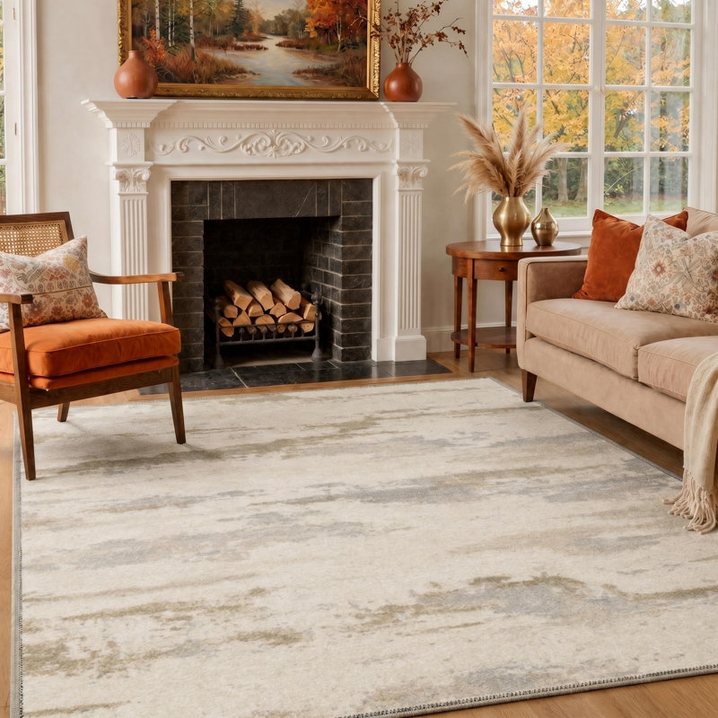 Tapis abstrait beige / taupe lavable à la machine Atkins avec envers antidérapant, Rectangle 9 pi x 12 pi