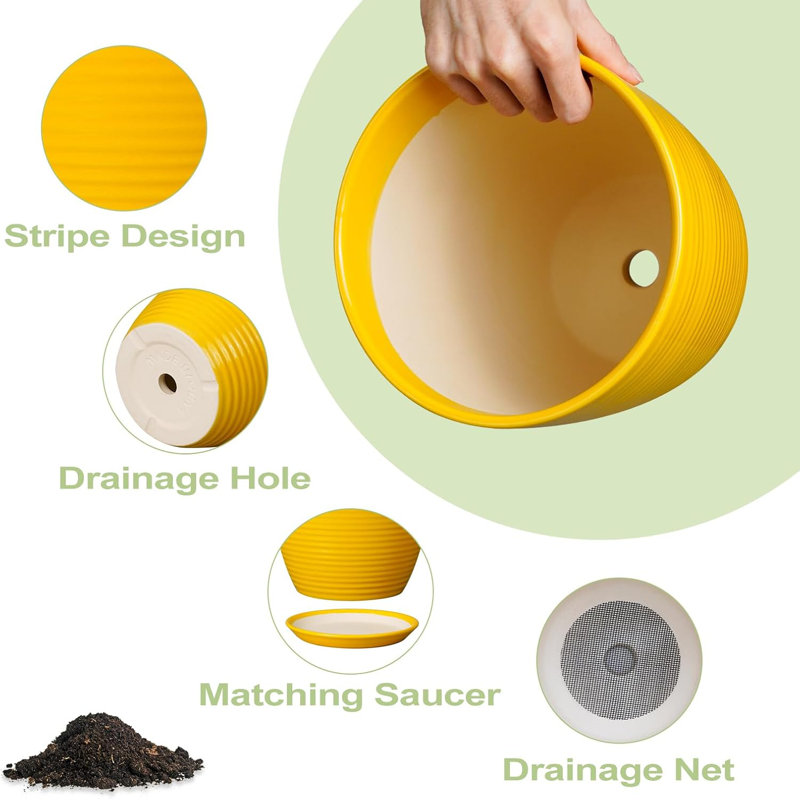 10" Ceramic Plant Pot With Drainage Hole & Saucer Yellow