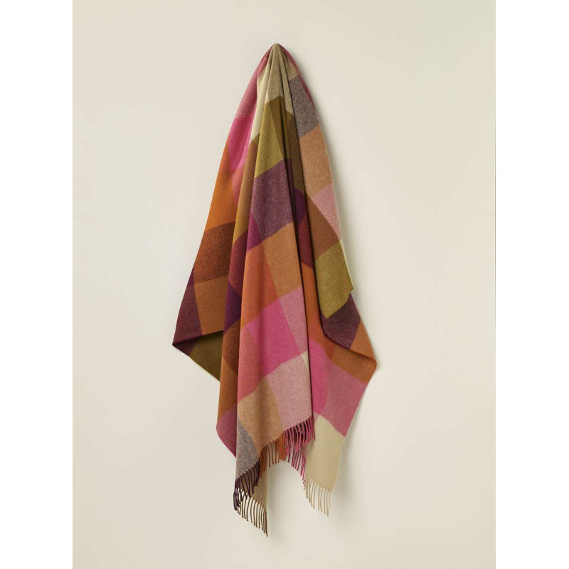 Jeté tissé en laine d'agneau Merino, Vert / rouge / rose / damier orange