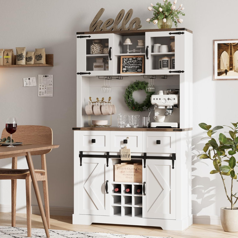 Armoire-bar Farmhouse avec portes de grange coulissantes, support à vin, rangement en verre et huche, buffet multifonctionnel de 42 po pour la cuisine et la salle à manger