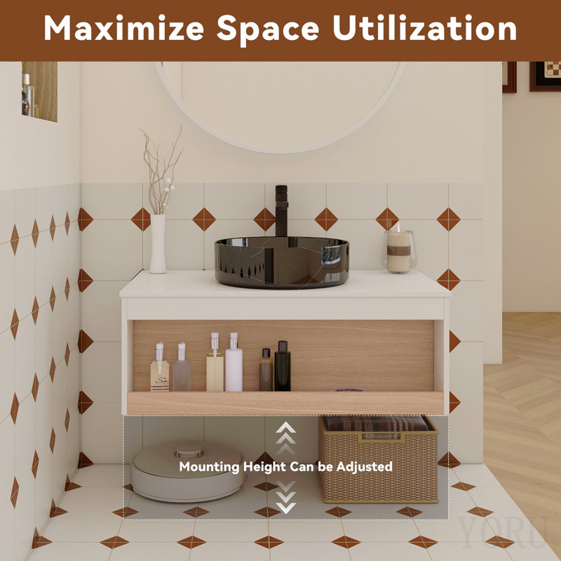 Meuble-lavabo flottant de 36 po avec lavabo vasque en veine de marbre noir, meuble-lavabo mural avec rangement ouvert, finition blanche avec décor en bois, conception moderne peu encombrante (livré dans 2 boîtes)