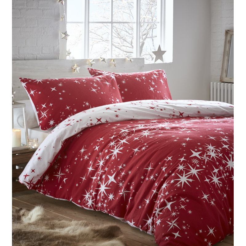 Brushed 100% Cotton Reversible Stars Thermal Duvet Cover Set, Red, Double Duvet Cover + 2 Standard Pillowcases