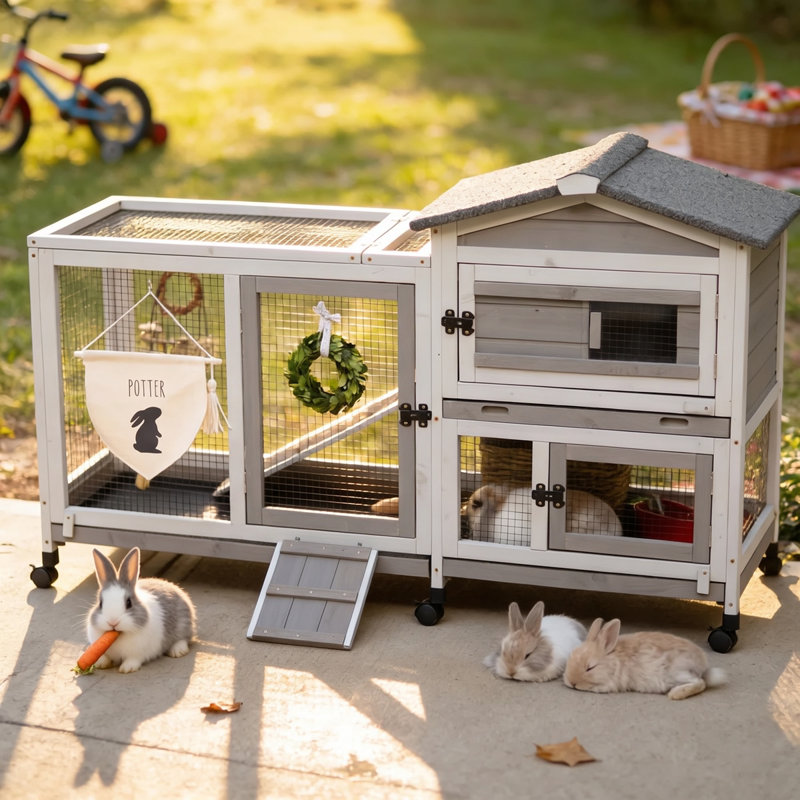 2 Story Rabbit Hutch Outdoor Indoor, Wooden Bunny Cage with Lockable Wheels, Removable Trays, and Waterproof Roof