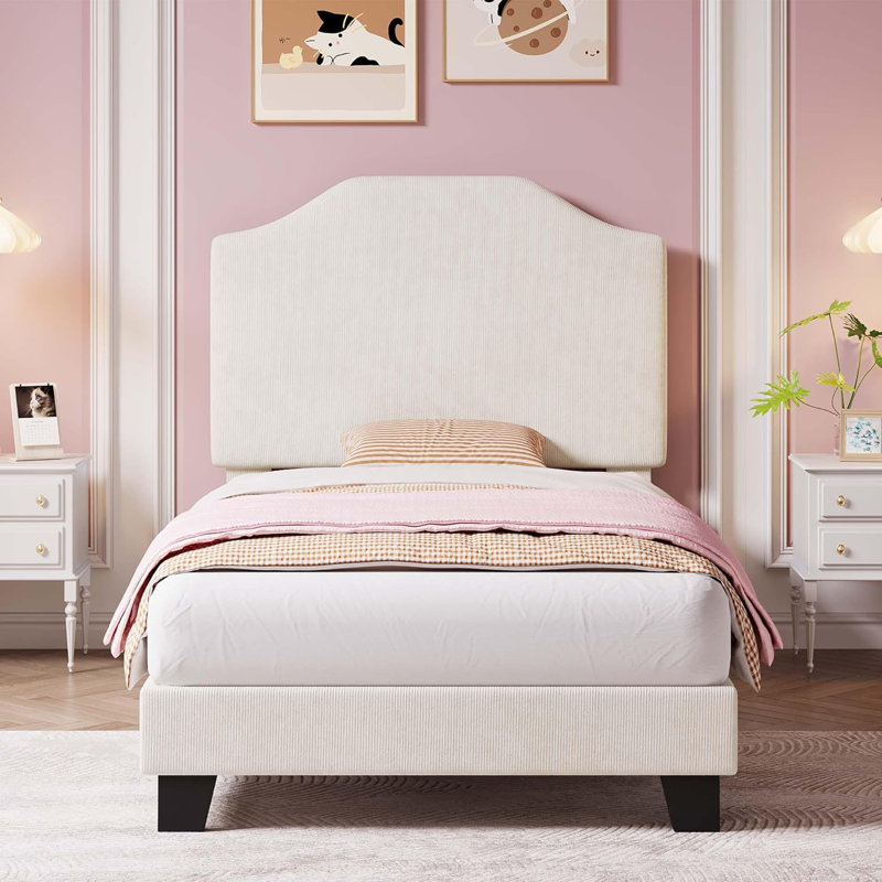 Kids Twin Bed Frame with Adjustable Headboard, Corduroy Upholstered Bed, Mattress Foundation, Wooden Slats Support, No Box Spring Needed