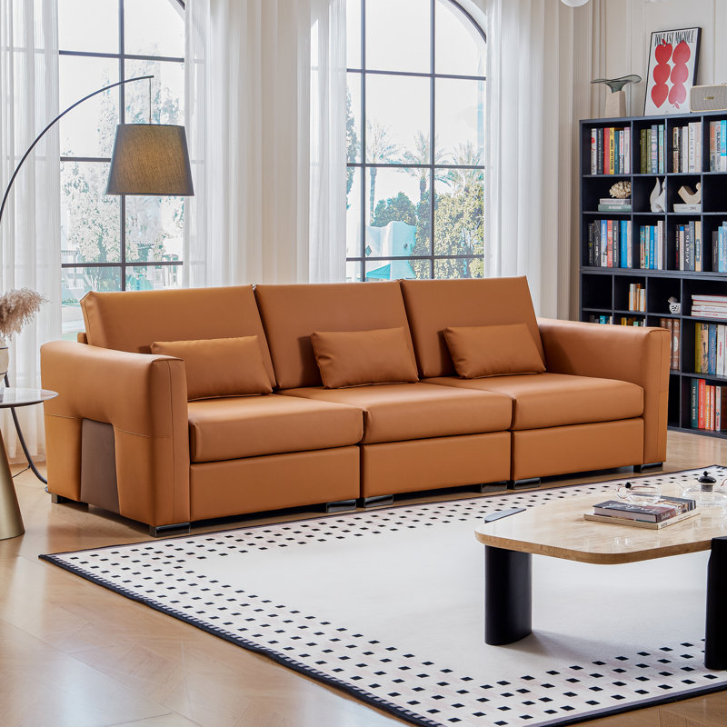 Canapé en cuir orange de 108 po avec 3 coussins carrés, canapé modulaire Mid-Century avec accoudoirs carrés et pieds en métal, sièges rembourrés vintage haut de gamme avec siège profond pour le bureau de la chambre à coucher