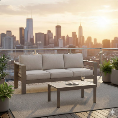Ensemble de patio d'extérieur 2 pièces, canapé de patio en métal 3 places toutes saisons de 75 po avec coussins épais et table basse de 43 po