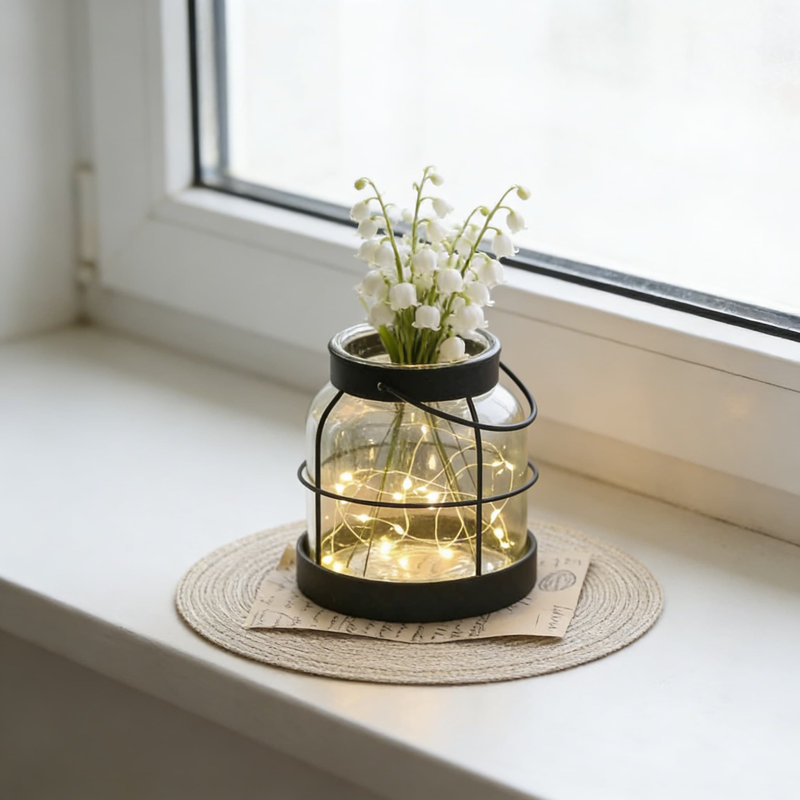 Vase de maison de campagne avec lumières DEL et fleurs artificielles - Pot de fleurs rustique fait à la main