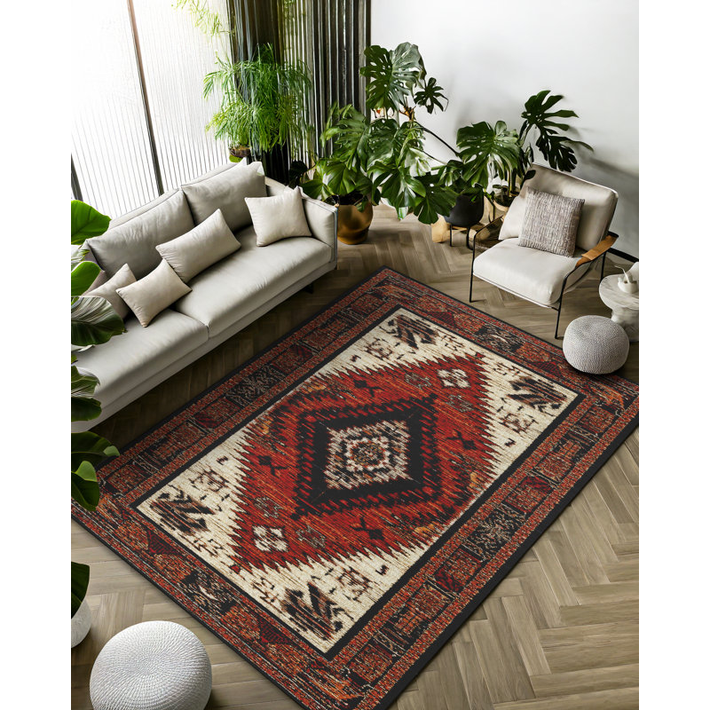 Strawbridge Burgundy Beige Moroccan Machine Printed Cotton Polyester Area Rug, Rectangle 5'3" x 8'3"