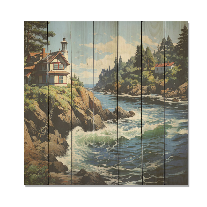 Cliffside Cottage By The Lake - Landscape Canvas On Wood Print, 15" H x 15" W