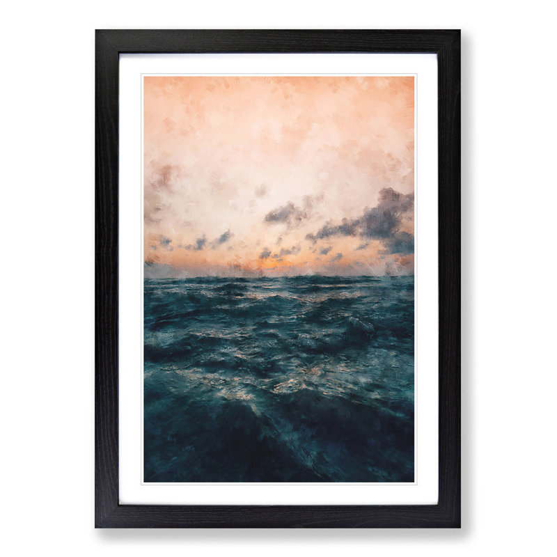 Ocean Beneath a Peach Sky - Picture Frame Graphic Art Print, 33cm H x 24cm W x 2cm D, Black Framed