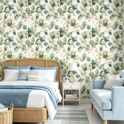 Luxury Green Gold Eucalyptus Leaf Botanical Wallpaper