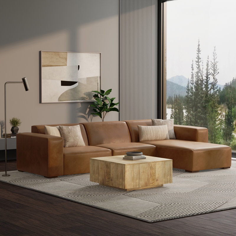 Grand canapé modulaire en L de avec méridienne gauche en cuir véritable Rex, Brun caramel, Orienté à droite
