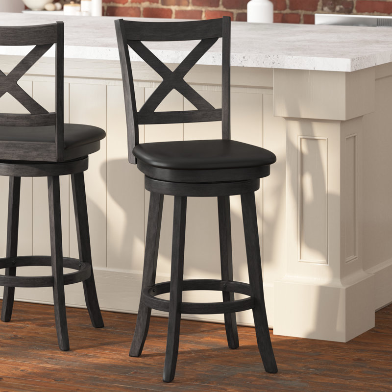 Gray Wash Walnut Crossback Swivel Bar Stool with Faux Leather Seat