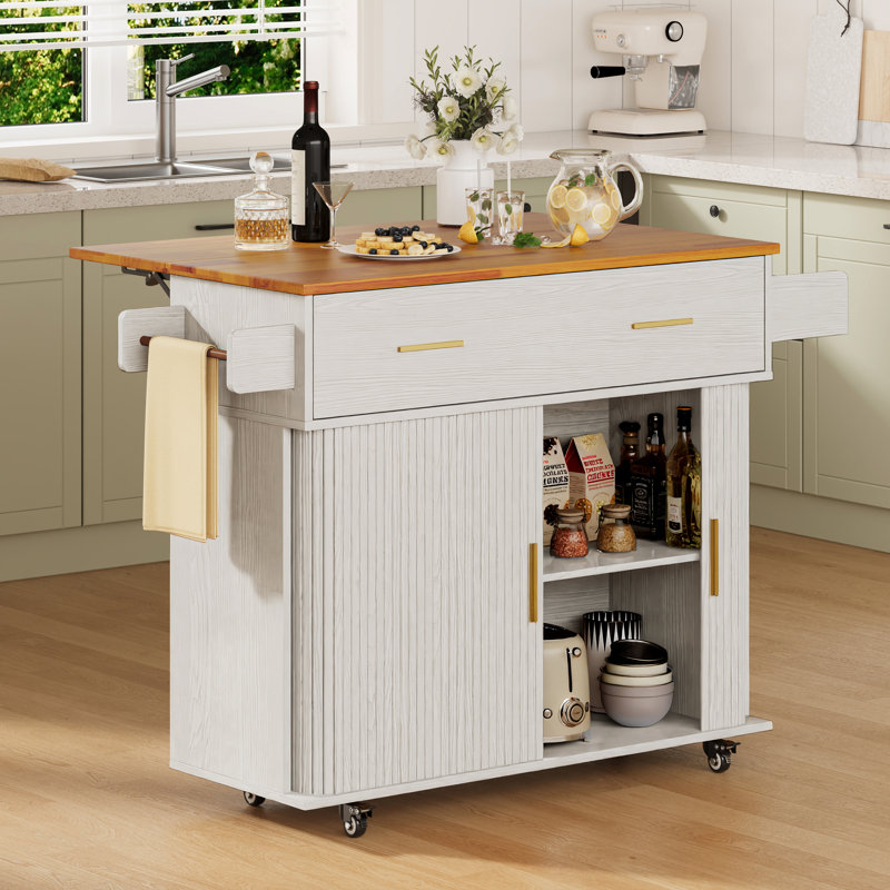 Îlot de cuisine roulant avec comptoir à abattants, rangement pour porte coulissante et roues verrouillables, Blanc