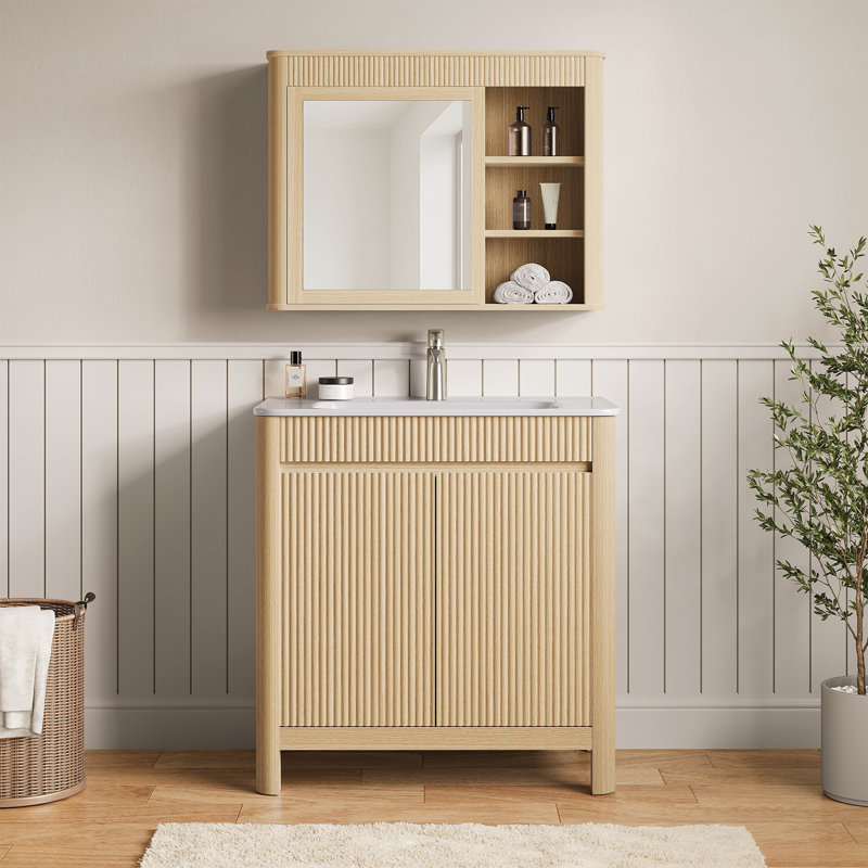 Fredson 30" Single Freestanding Bathroom Vanity Set with Medicine Cabinet,Solid Wood Legs, Soft-Close Doors & Interior Adjustable Storage, Easy Assembly, Natural Oak
