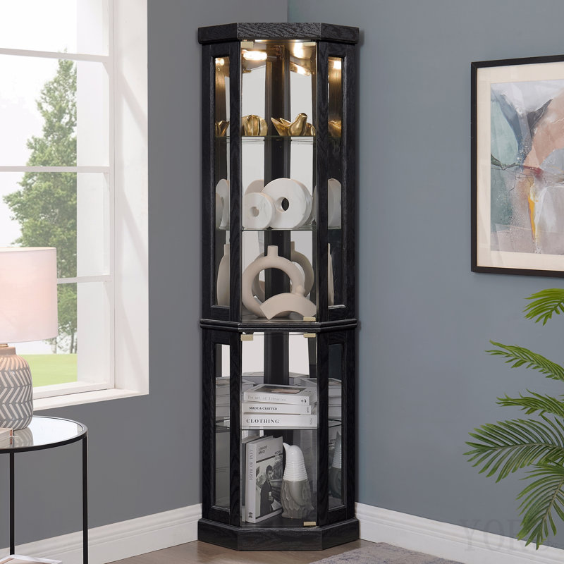Vitrine de coin lumineuse - Vitrine de salon, objets de collection antiques, rangement pour verres à vin et à bar - Conception élégante d'angle avec lumières incluses - Noir