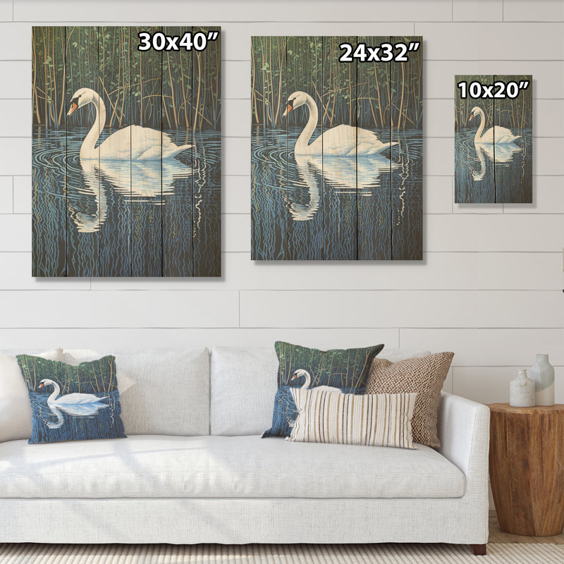 Swans Reflection By The River - Art sur bois de pin naturel, H 40 po x l 30 po