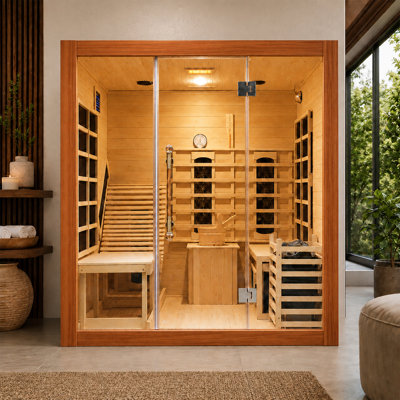 Sauna infrarouge pour 2 personnes DUTHSS pour la maison, sauna à vapeur hybride en cèdre canadien, double système infrarouge 3000 W / 220 V et vapeur 6 000 W, 5 panneaux de carbone, 5 tubes de lumière rouge, contrôle ACL et Wi-Fi, 1 fauteuil inclinab