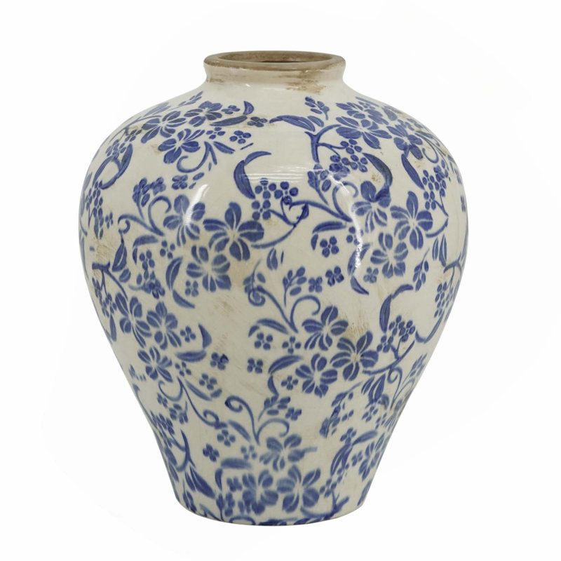 Ceramic Vase With Distressed Finish And Intricate Floral Motifs For Farmhouse Traditional Rustic Shabby Chic Decor