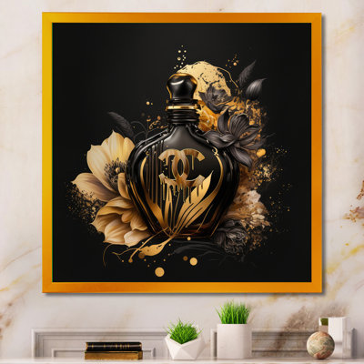 «Chic Black and Gold Perfume Bottle VII», reproduction d'art sur toile encadrée