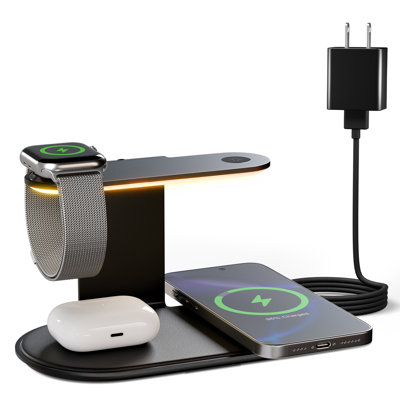 4 in 1 Charging Station,MagSafe Wireless Charger with Three Level soft Night Light,15W Wireless Charging for iPhone 12 and above series,for iWatch Series,for AirPods,USB-C Charger Included,Black