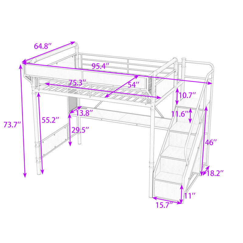 Lit mezzanine avec bureau intégré, prise de courant, bande DEL, panneau perforé, escalier de rangement et garde-robe, Noir
