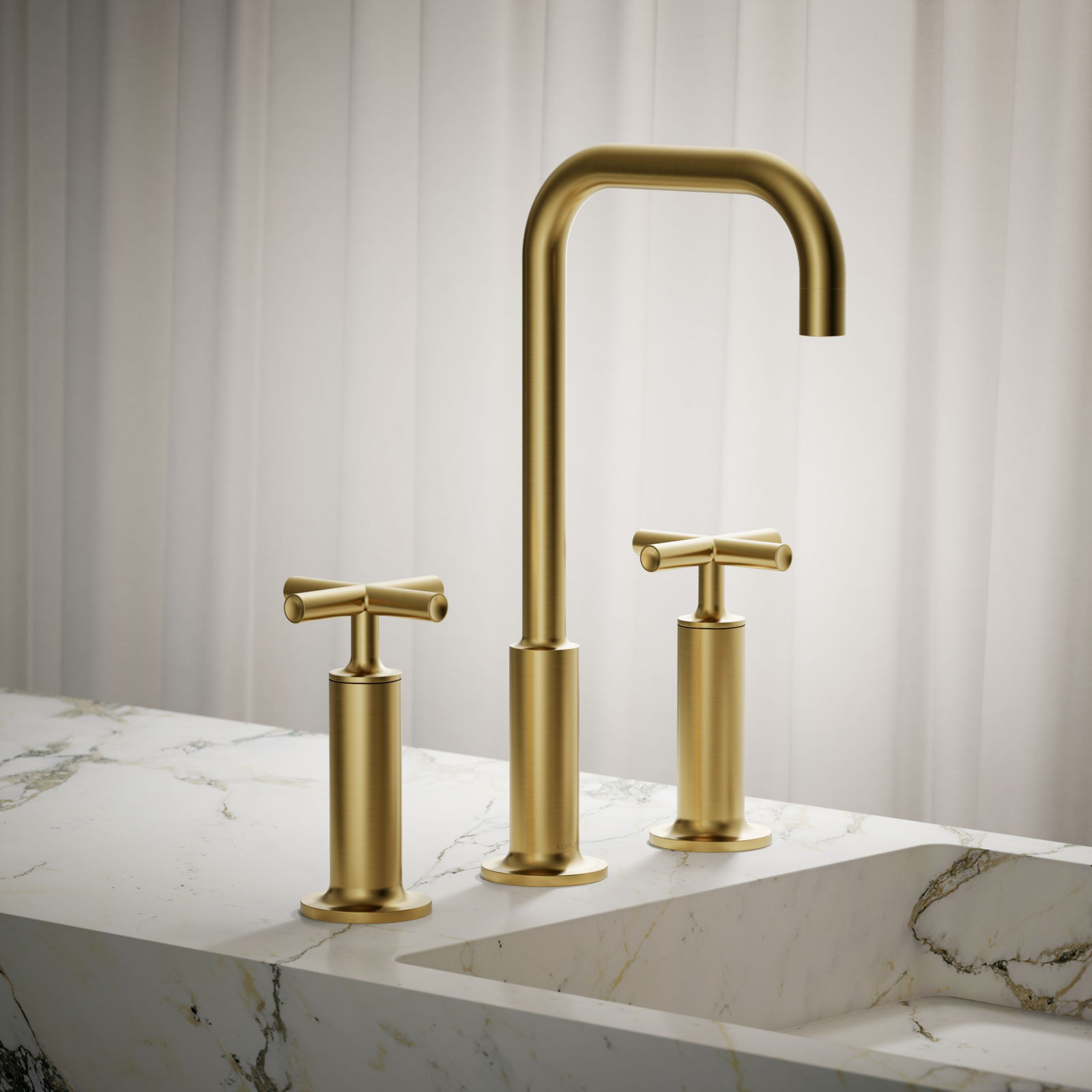 Purist Widespread Faucet with Cross Handles, Vibrant Brushed Moderne Brass