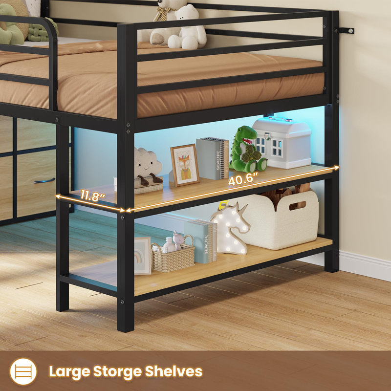 Twin Size Loft Bed, with Led Lights & Open Storage Shelves, Black/Natural