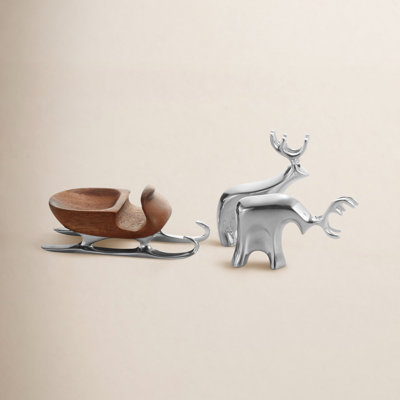 Nambé Alloy and Wood 3-Piece Sleigh and Reindeer Set