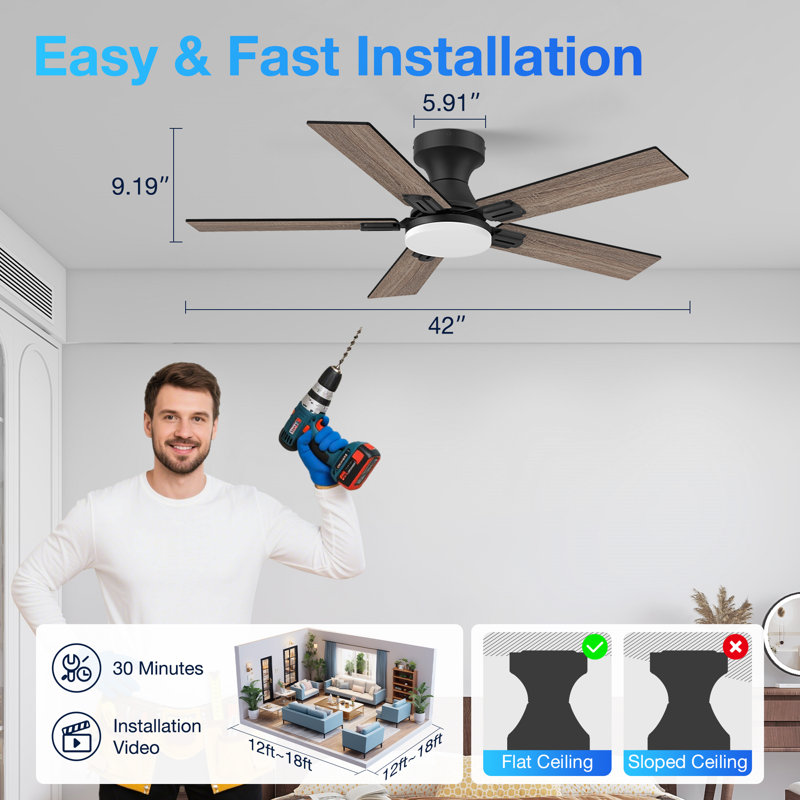 42" 5 - Blade Smart Outdoor Indoor Black Ceiling Fan with LED Lights, Remote, Voice Control via Alexa, Dimmable, Quite DC Motor