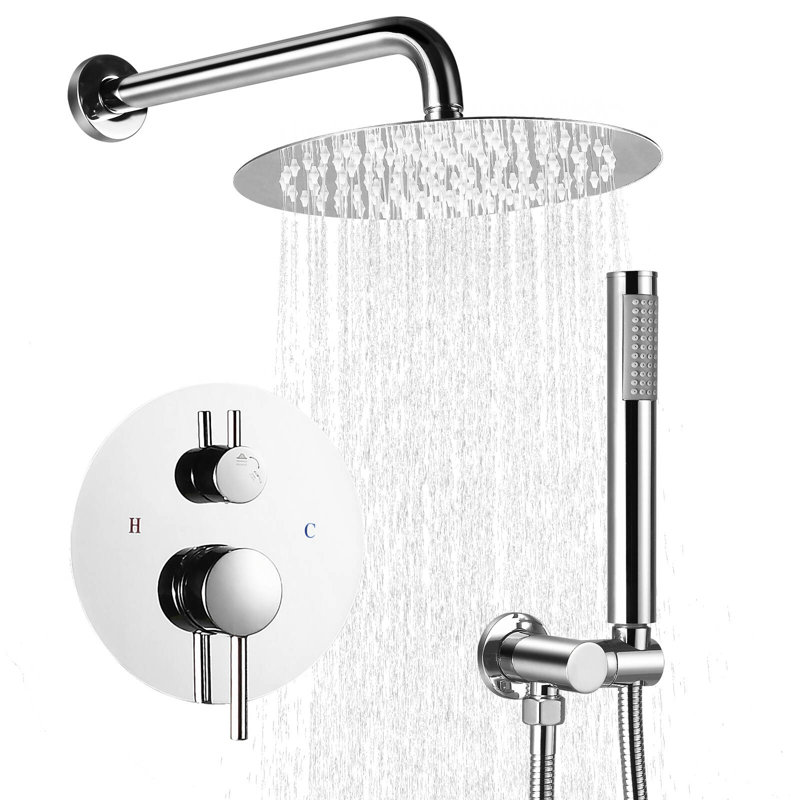 Modern Round Shower System, Rain Shower Head with Handheld Spray, Shower Faucet Set, Chrome