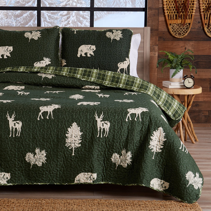 Forest Green Reversible Microfiber Quilt Set with Plaid Shams