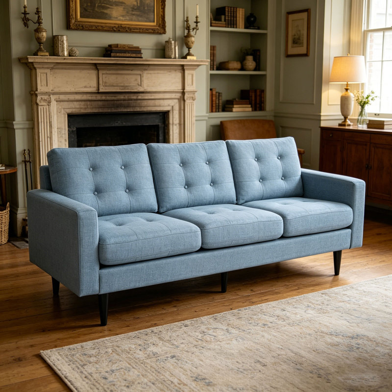 Cudahy 82.7" Tufted Sofa, Upholstered 3-Seater Sofa, Blue 100% Polyester