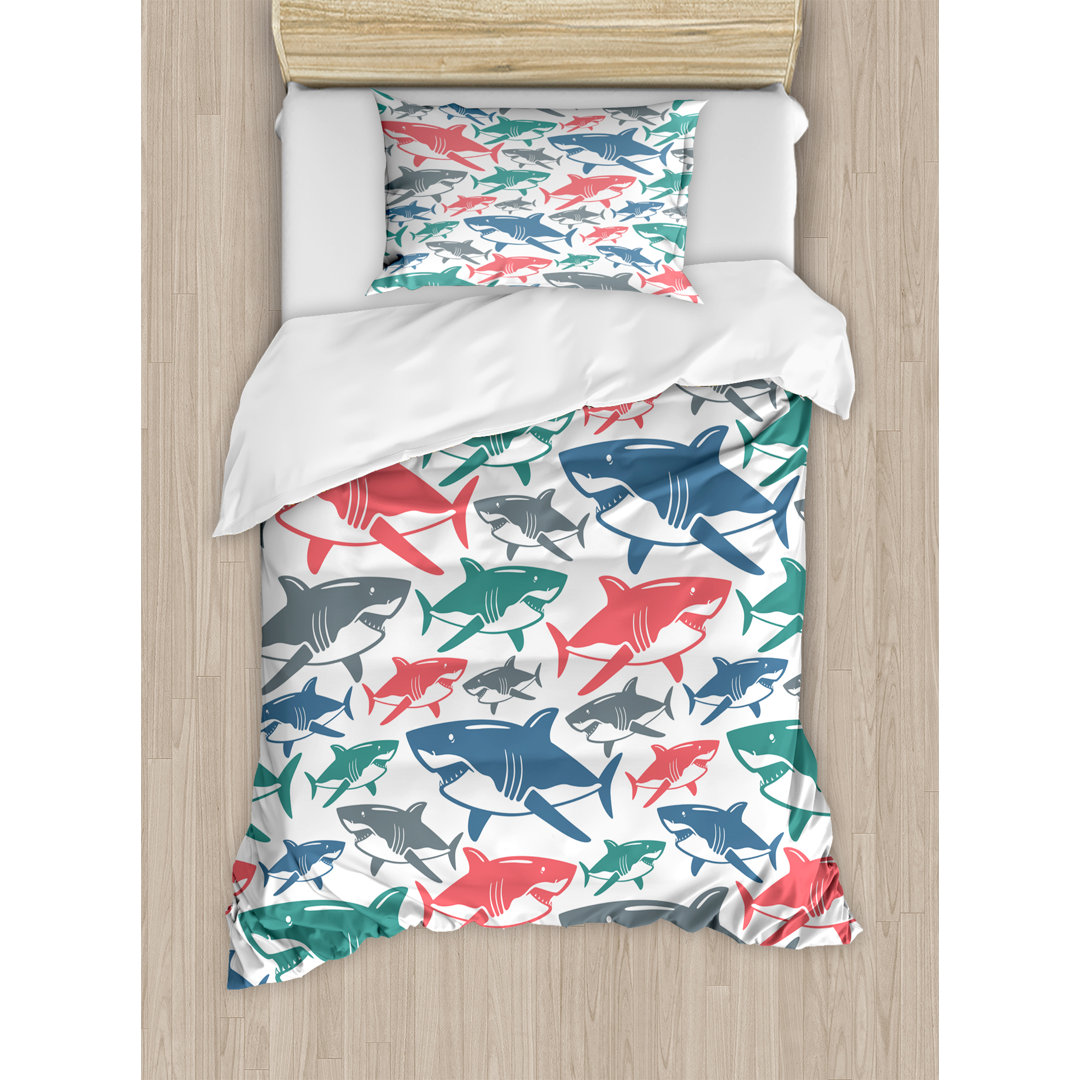 Mix of Colorful Bull Shark Family Pattern Masters of Survival Kids Nursery Duvet Cover Set Ambesonne 