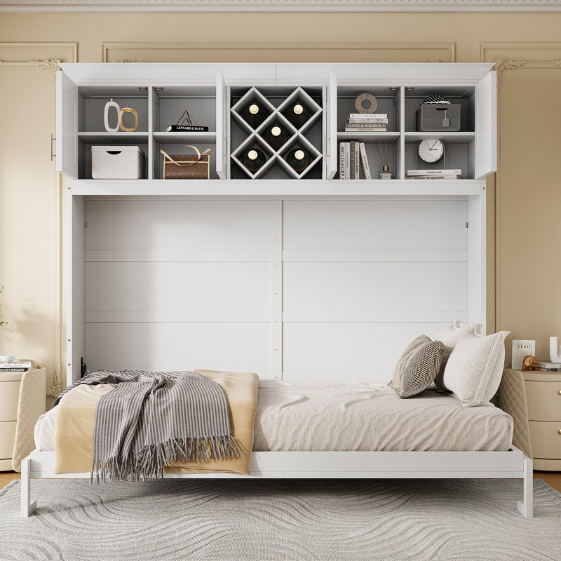 Queen Size Murphy Bed Wall Bed With Top Cabinets & Wine Rack ,White