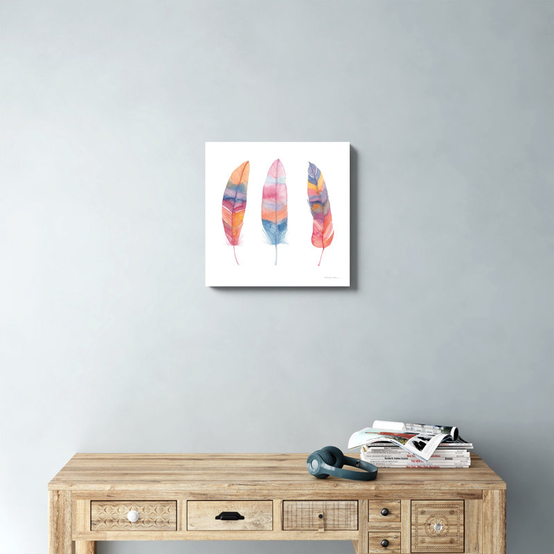 «Boho Feathers I» par Kathleen Parr McKenna - peinture sur toile tendue, H 20 po x l 20 po