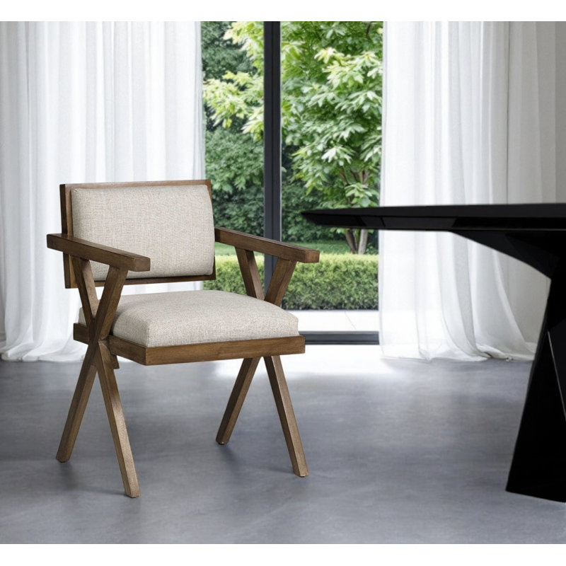 Chaise de salle à manger rembourrée en tissu crème et brun, Crème, Brun