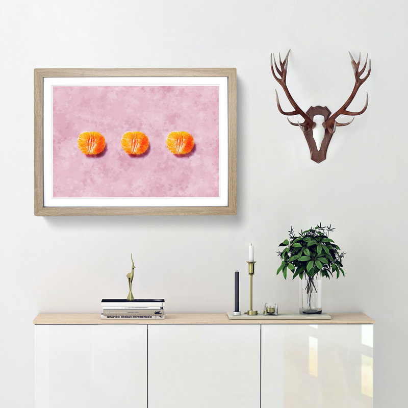 Oranges on Pink - Picture Frame Graphic Art Print, 45cm H x 63cm W x 2cm D, Oak Framed