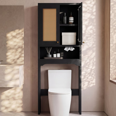 OMCMUU Over the Toilet Storage Cabinet with Rattan Door & Adjustable Shelf, Walnut	Freestanding Bathroom Storage Cabinet, Toilet Paper Holder, 2 Gold Handle, Anti-tip, MDF, Space-saving, for Bathroom, Laundry